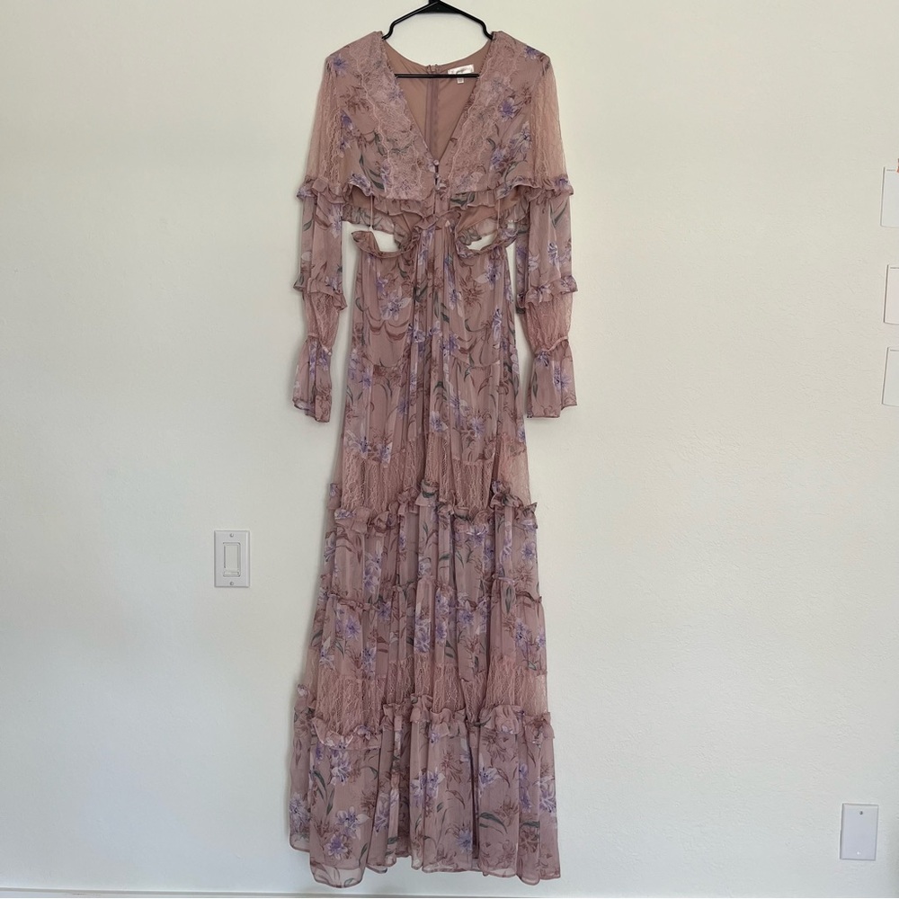 Rosevelvet Floral Lavender Lace Maxi Cut Out Dress